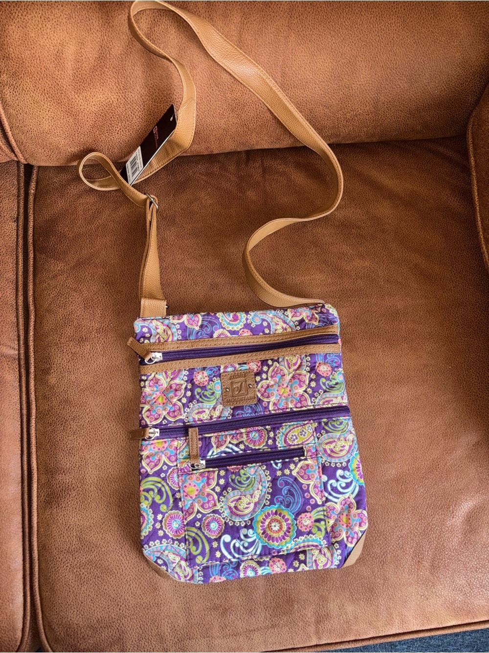 Stone Mountain Accessories Purple Paisley Crossbody with Tan Strap